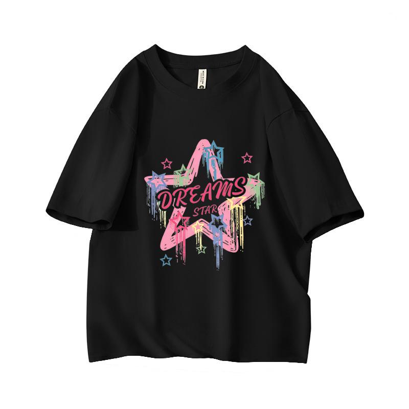 Y2K Pastel Rainbow Star Graffiti Oversized Short Sleeve O Neck T Shirt Graphic Print 100 Cotton 2000s Women Tops Clothes Summer