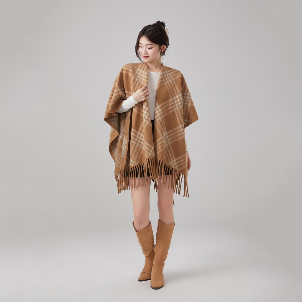 2025 Plaid Shawl Women's Autumn/Winter Travel Cape - Tassel Office Outerwear, Loose & Warm