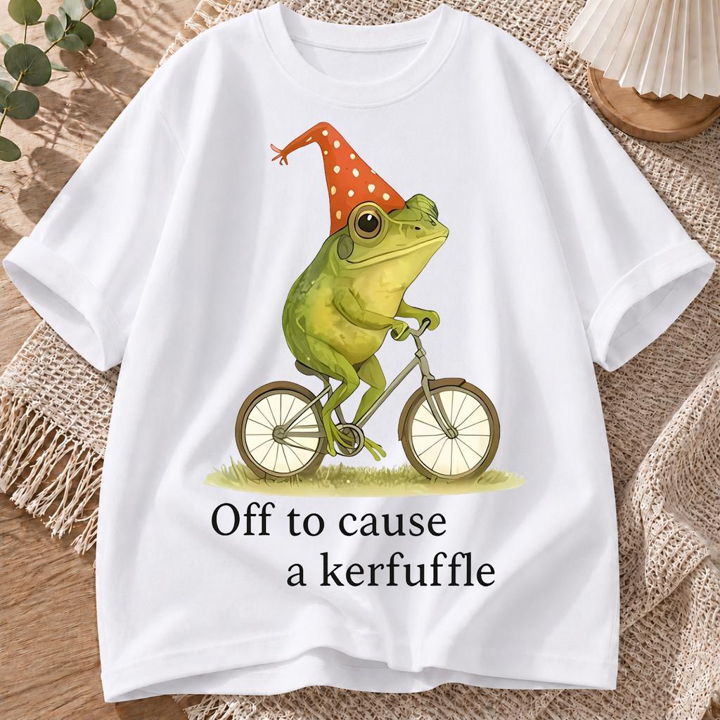 2026 New Pure Cotton Tshirt With Fun And Quirky Cycling Frog Print Summer Casual Loose Round Neck Top