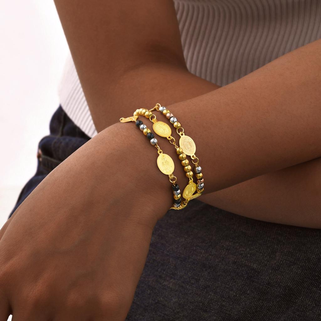 Vnox Virgin Mary Bracelets For Women Men,Stainless Steel Three-color Round Bead Chain,Elliptical Brand Religion Faith Jewelry