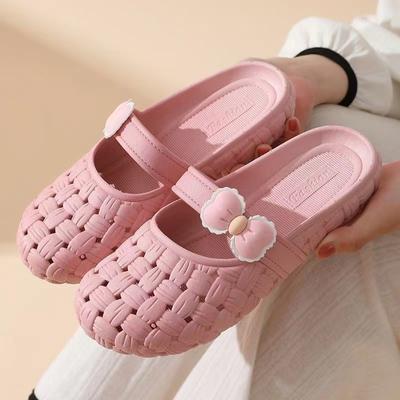 2024 New Women's Summer Baotou Hollow Flat Sole Casual Slippers Soft Sole Non Slip Casual Home Outdoor Wear Soft Bottom Bathroom Breathable