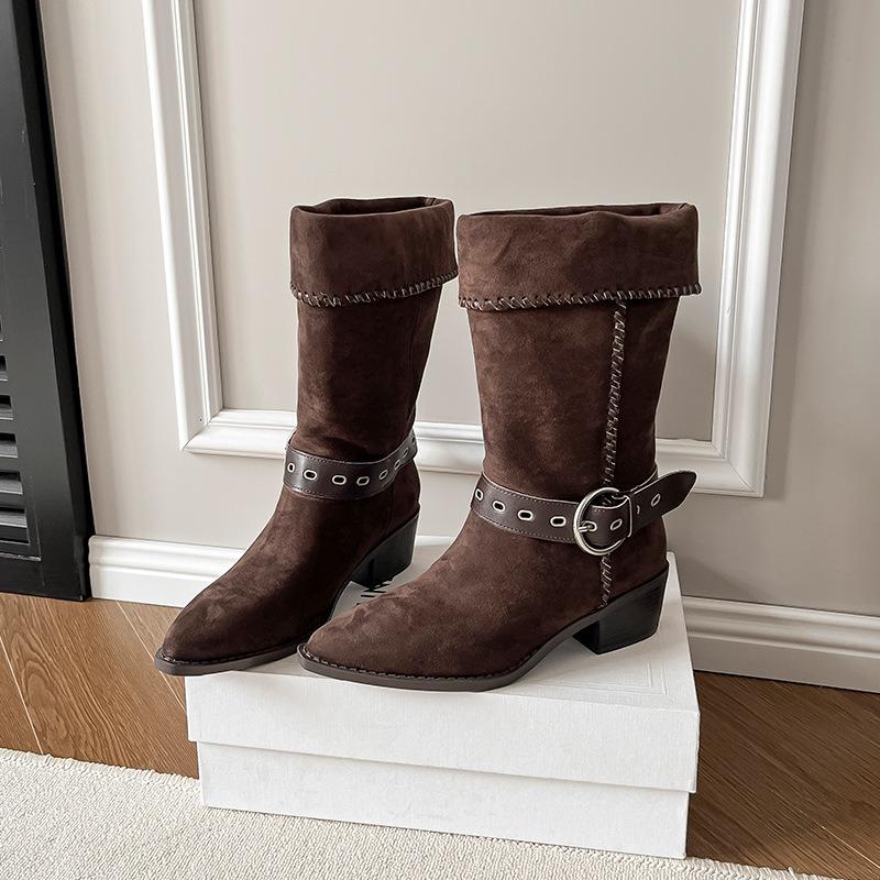 

Модель~ Новые осенне-зимние ретро сапоги-рыцари средней длины с острым носком и ремешком с пряжкой, ковбойские сапоги в западном стиле 35 коричневый