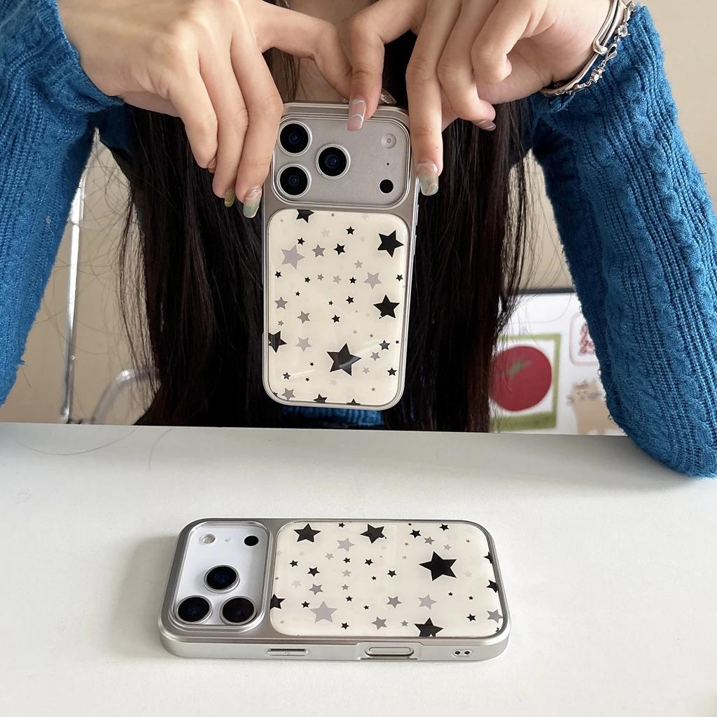 Advanced Full Screen Black Stars Drip Glue Silver Border Shockproof Protective Phone Cover Case for iPhone 17 16 15 14 Pro Max