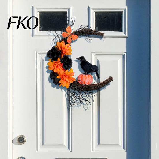 Spooky Home Decorations Halloween Door Sign, Artificial Floral Branch Crow Moon Wall Hanger with Themed Event Bird, Window Yard Decor for Party