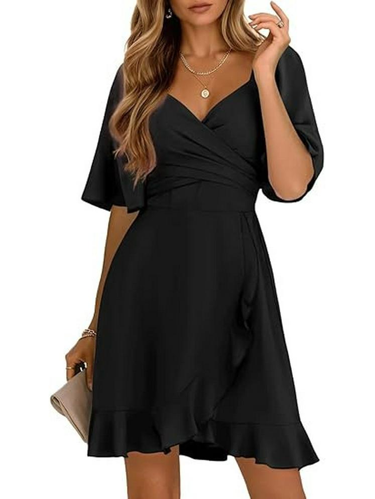 2026 V-Neck Solid Color Ruffle Summer Dress for Women - Stylish Waist-cinching European and American Fashion