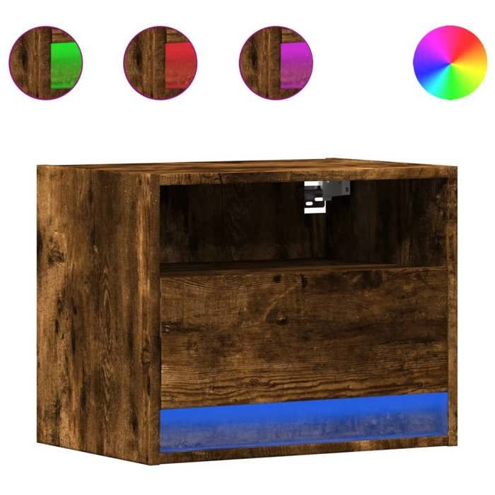 VidaXL Wall-mounted Bedside Table with LED Lights Smoked Oak, Floating Bedside Table, Phone Holder, Bedside Table 852069