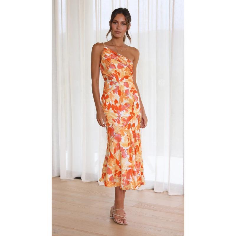 VEZFAA Women's Fashion Summer Spring Flower Pattern Print Sleeveless Oblique Collar High Waist Casual Dresses