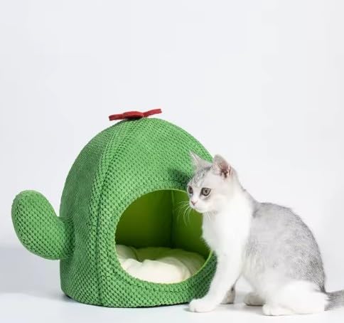 LLAMAS Cactus-Shaped Pet House, Cat Bed with Cushion for Small Dogs, Non-Slip, Breathable, Green