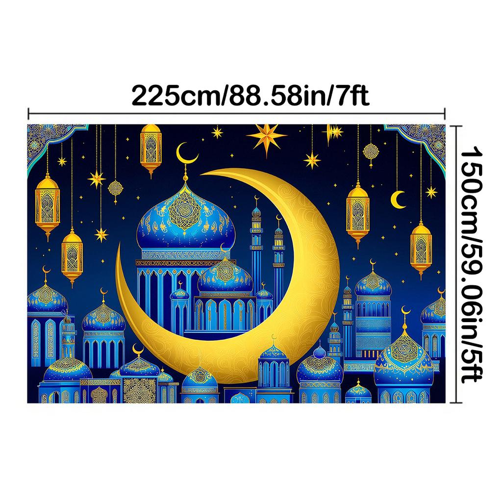 Romantic Night Sky Blue Gold EID Al Adha Background Decor,Crescen,Mosque,lantern,Moon Star Design,Festive Party Celebrations