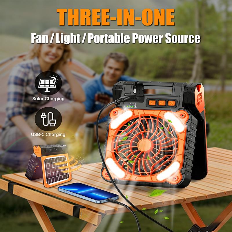 Solar Powered Fan for Camping Portable Rechargeable for Gazebo with LED Light & Timer 4 Speed Cordless Battery Powered for Outdoor Stay Cooling Orange
