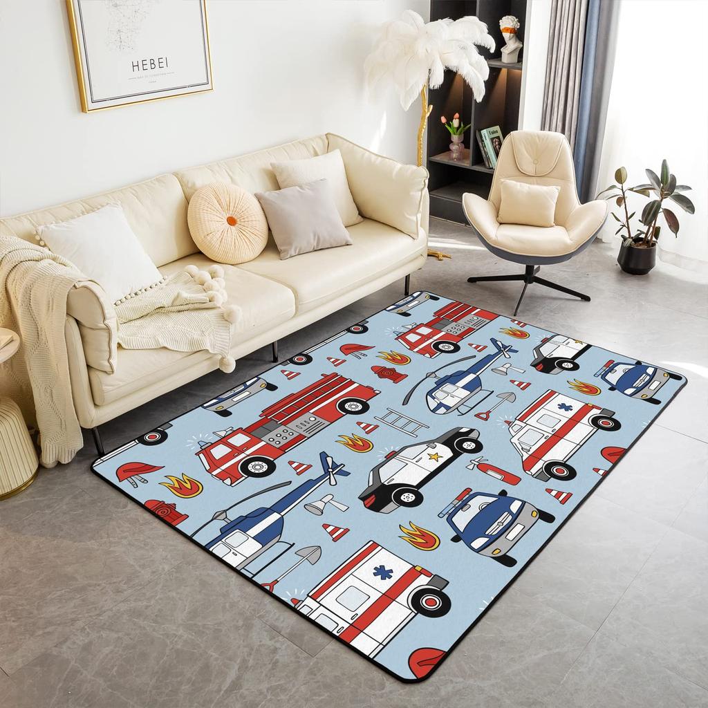 Firefighting Truck Area Rug, Fire Truck Carpet for Teen Boys, Cartoon Emergency Rescue Vehicle Floor Mat for Living Room Bedside