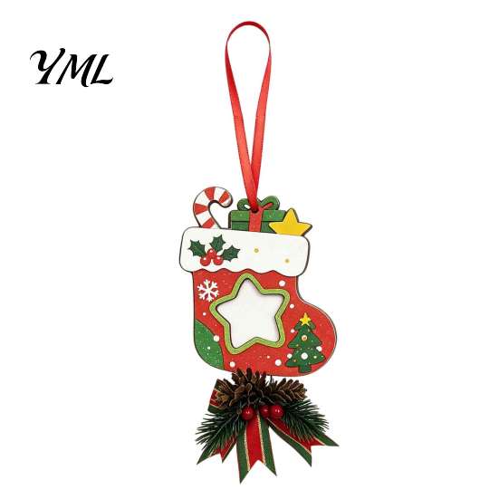 Holiday Home Decorations Wooden Christmas Tree Ornaments, 2D Stocking House Shaped Photo Frame Hanging Gift Tags Decor, Xmas Ornament for Family
