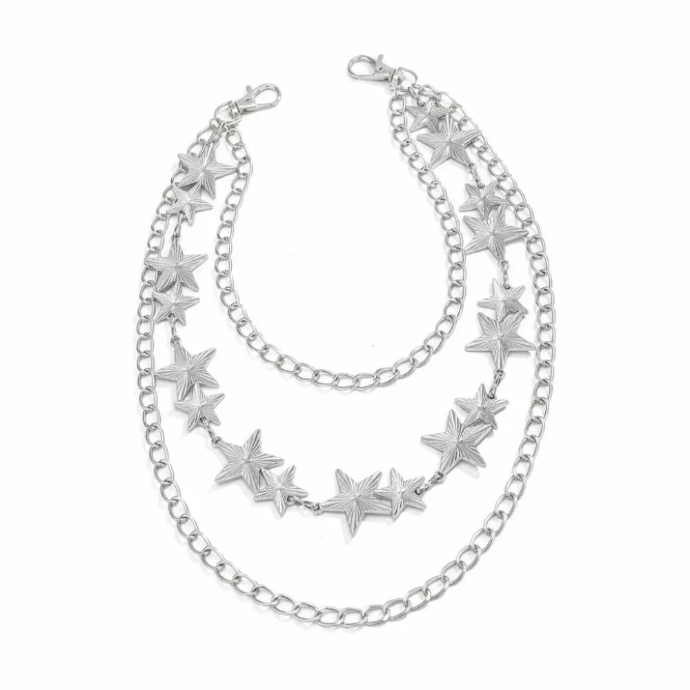 Fashion Hip Hop Star Pendant Keychain Decoration Jewelry Gift Jeans Pants Chain multi-layer Waist Belt Men серебряный