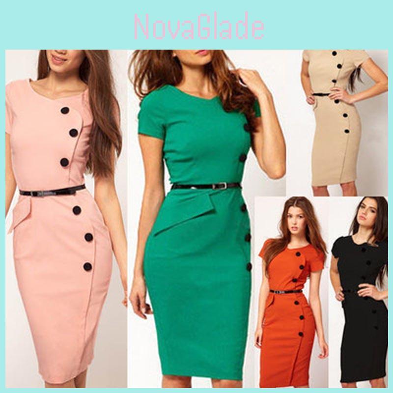 Stylish Women Fashion Short Sleeve Button Pencil Dress For Office And Party Occasions