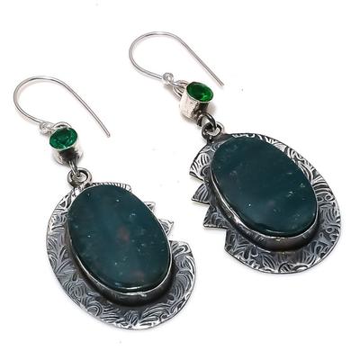 Natural Bloodstone, Diopside Gemstone 925 Sterling Silver Earring 2.56" R9w20