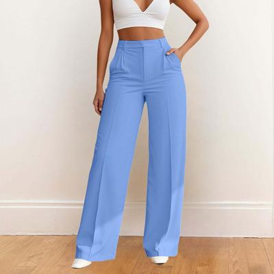 Women Elastic High Waist Pant Casual Fit Wide Leg Long Pants Trousers With Pockets