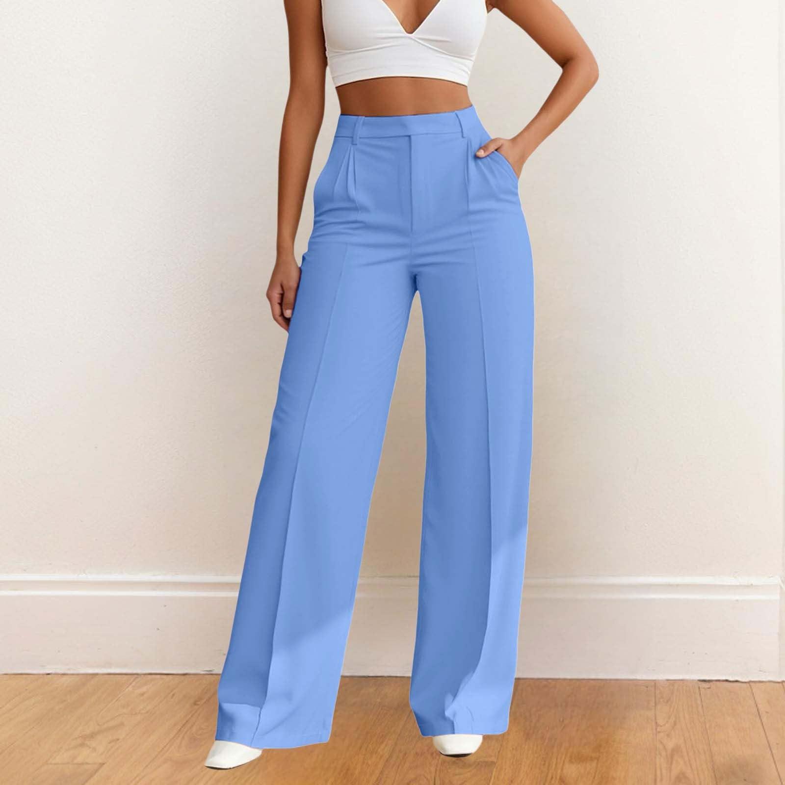 

Women Elastic High Waist Pant Casual Fit Wide Leg Long Pants Trousers With Pockets XXL синий