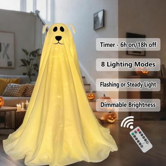 Halloween Decoration Light-Up Spooky Ghost Dog Statue Battery Operated Remote String Lights Front Door Porch Yard Lawn Decor