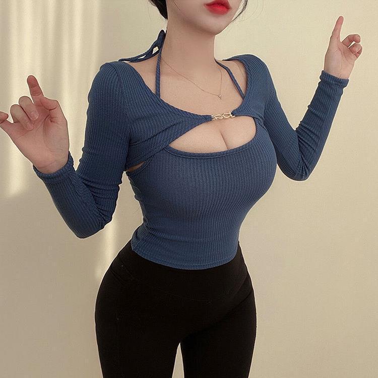 2024 Sexy Korean Halter Neck Blouse: Metal-Buttoned, Long-Sleeve Threaded Top with Short Sling Two-Piece