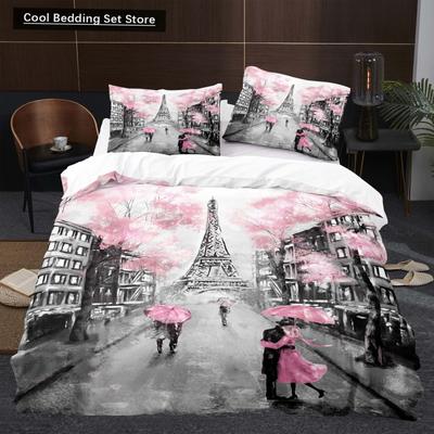 Torre Eiffel Fiori Re Regina Copripiumino Architettura Famosa A Parigi Set Biancheria da Letto per Donne Romantico Poliestere Coperta Trapuntata