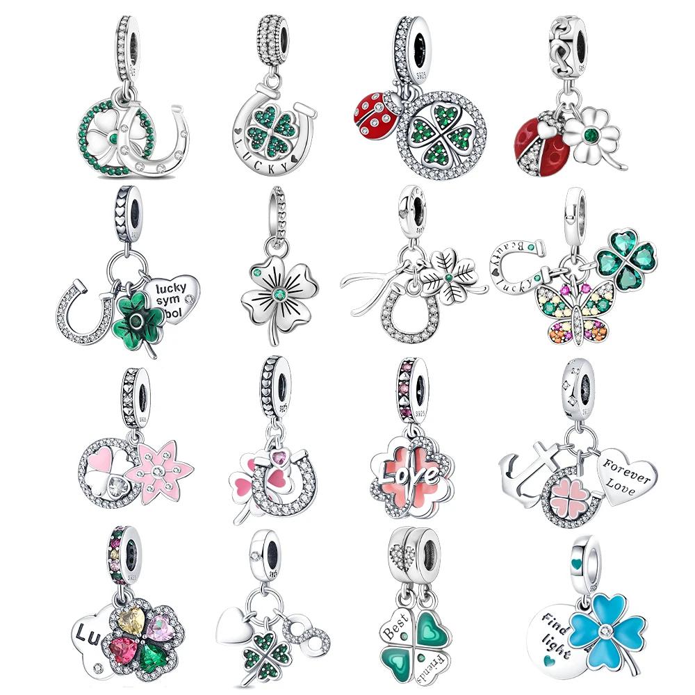 Authentic Copper Green Four-Leaf Clover Pink Design Pendant Fit Original Bracelet Jewelry Charm Bead Set Necklace Diy Female Jewelry