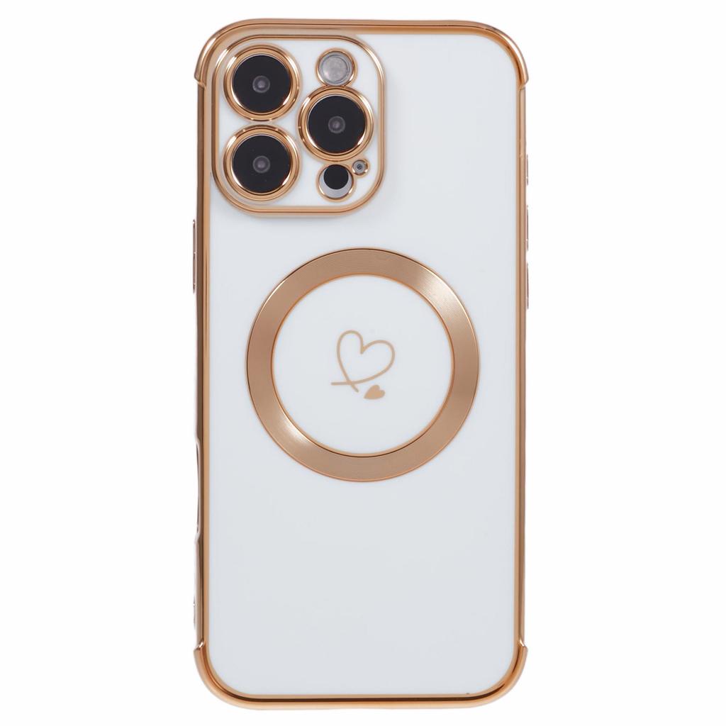 For iPhone 16 Pro Max Case Compatible with MagSafe Electroplated Love Hearts TPU Phone Cover with Chain Strap