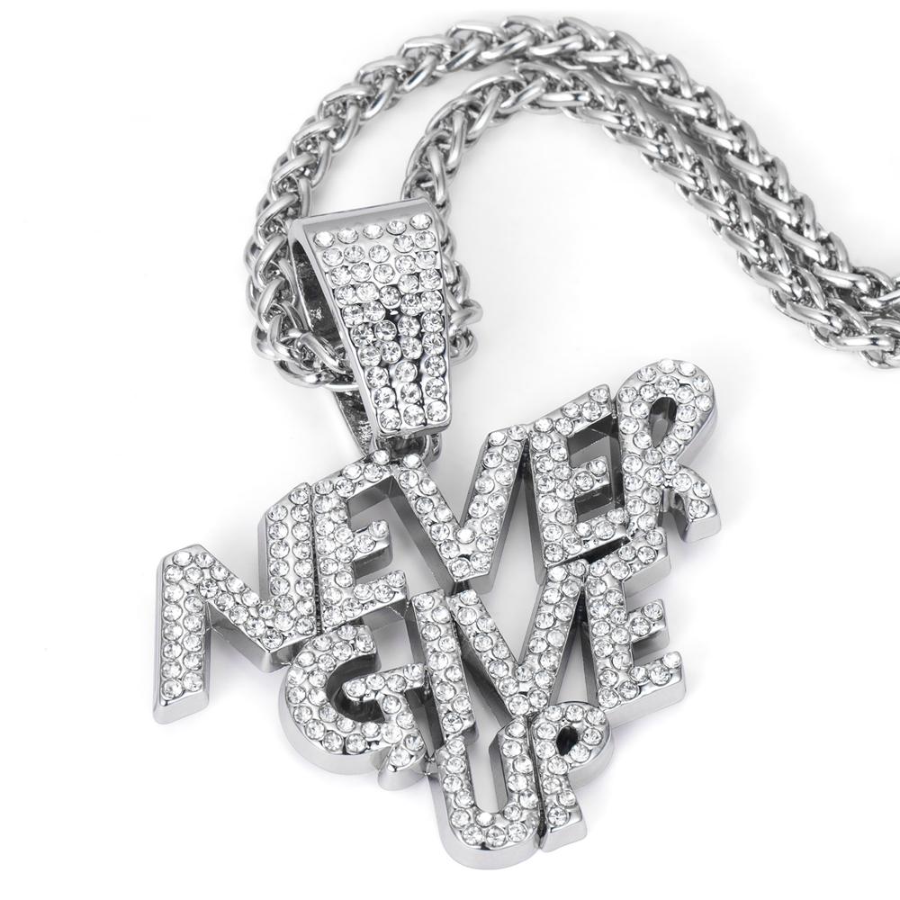 New Men Hip Hop NEVER GIVE UP Pendant Necklace Crystal Cuban Chain HipHop Iced Out Bling Necklaces Fashion Charm Women Jewelry