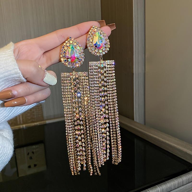 Fashionable Water Drop Rhinestone Tassel Earrings
