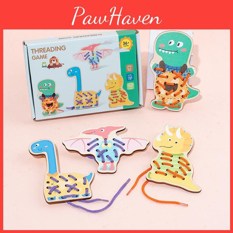 Wooden Dinosaur Animal Rope Threading Board Children Early Education Puzzle Toys