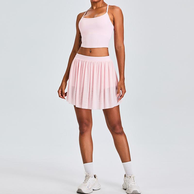 New Casual Sports Yoga Set For Women With Mesh Lining, Pleated Tennis Skirt, Fitness Suit Set