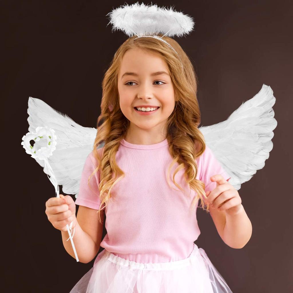 CALLARON Angel Wings Cosplay Lovely Costume Cute Angel Hair Angel Photo Stage Shoot Set, White, Ring, Accessory, Set, Prop,