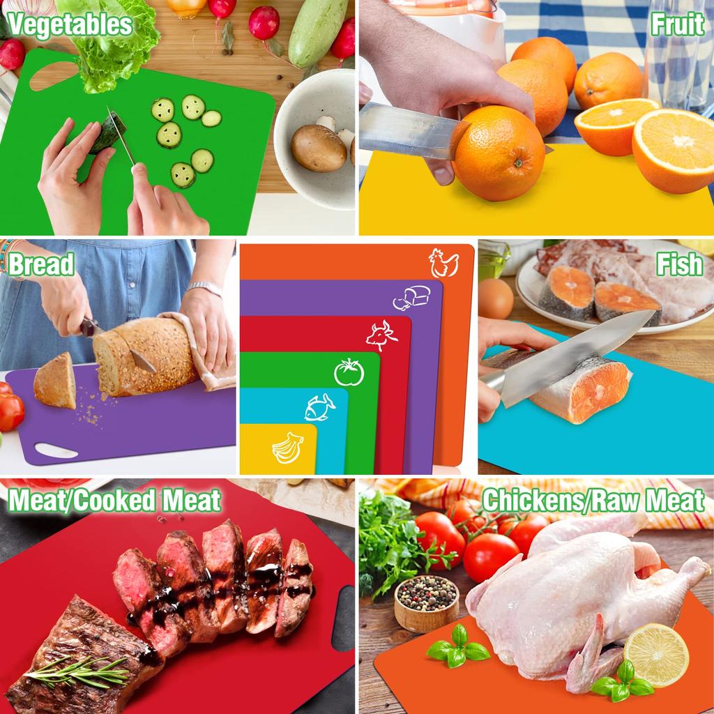 Leeseph 6pcs Flexible Plastic Cutting Board Mats, Colorful Chopping Boards for Kitchen Tool with Food Icons
