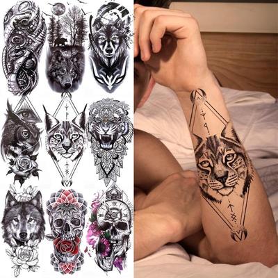 1 adet 210*114MM kedi geometri siyah geçici dövmeler erkekler kadınlar için kara orman kafatası kaplan kurt dövme etiket kötü şeytan kol dövme