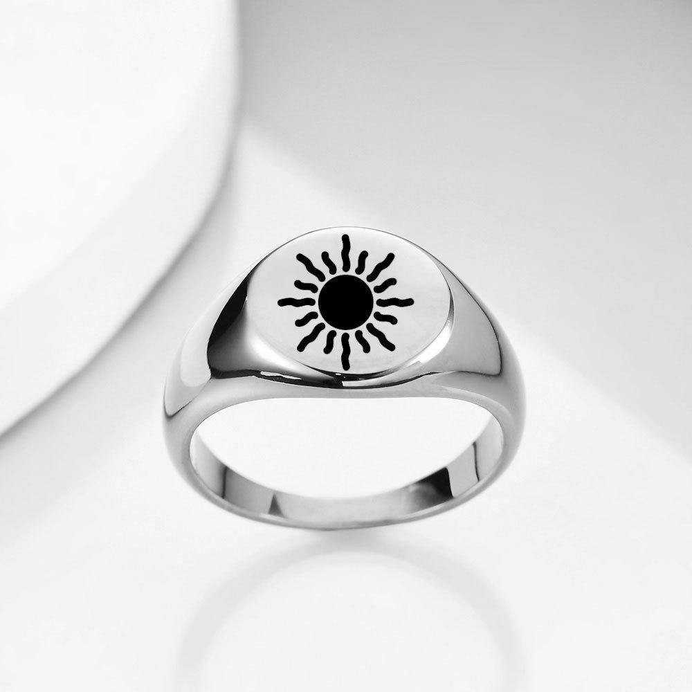 European & American 12MM Engraved Sun Stainless Steel 18K Gold Women's Ring - Fashionable, Hot-Selling, Cross-Border Design.