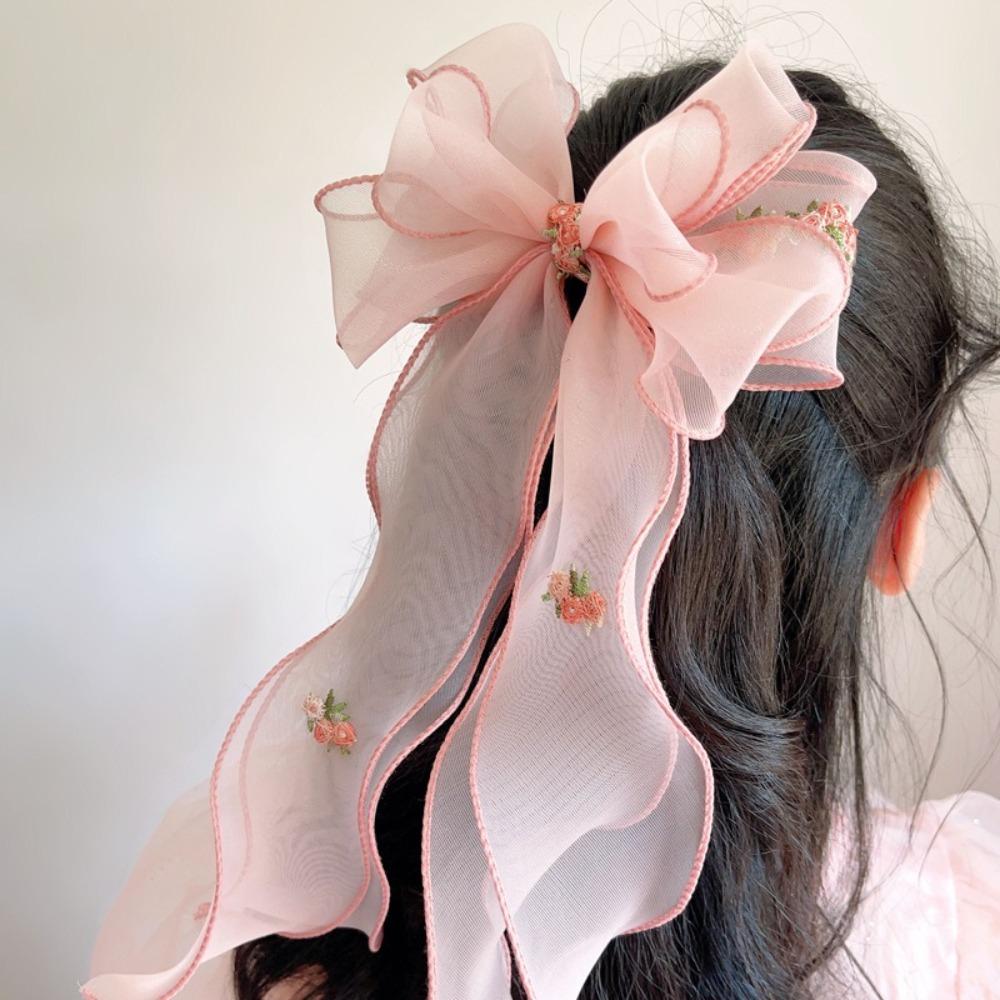 Fashion Embroidered Floreal Braided Hairpin Solid Color Chiffon Ponytail Clip Bowknot Big Hair Accessories Kids