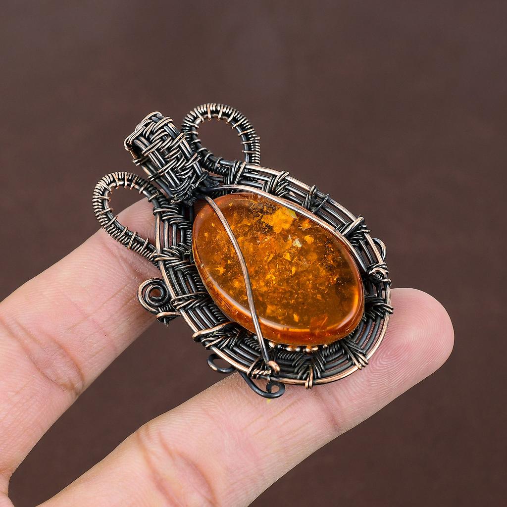 Chihlimbar Baltic Lucrat Manual Înfășurat cu Sârmă de Cupru Pandantiv 2,36" q0k71