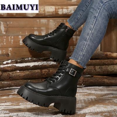 Women Platform Ankle Boots Fur Chunky Shoes Winter Short Plush Snow Boots 2025 Trend Lace Up Zip Leather Goth Warm Botas Mujer