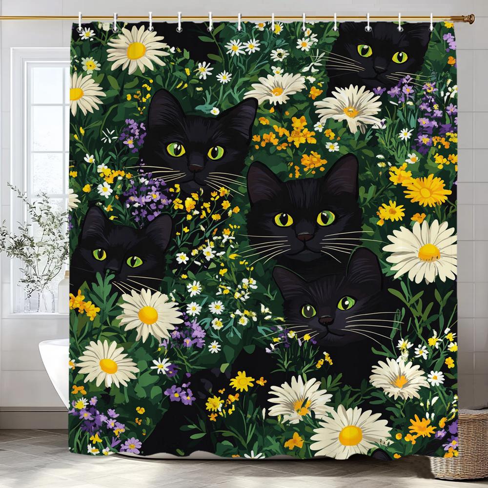 Cute Cats and dogs in the garden Shower Curtain, Bathroom Decorative Shower Curtain, Waterproof Shower Curtain with Hooks