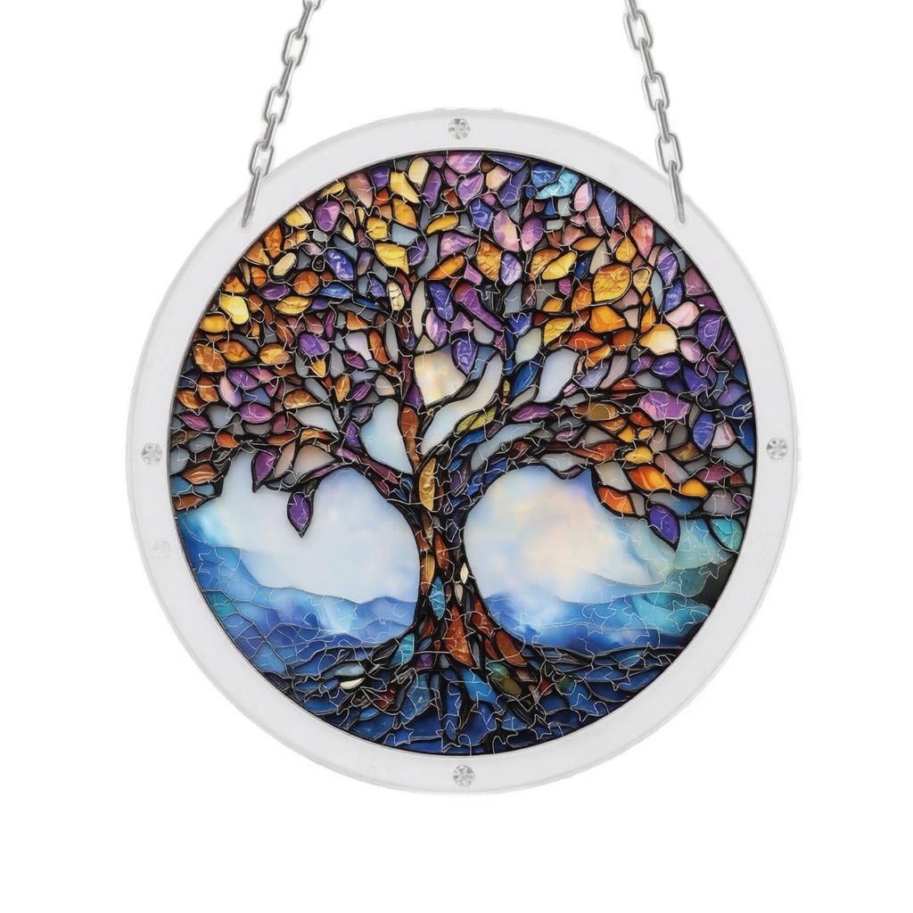 Round Tree of Life Hanging Window Decoration Acrylic Puzzle Sun Catcher Garden Ornament with Chain for Indoor Outdoor Display