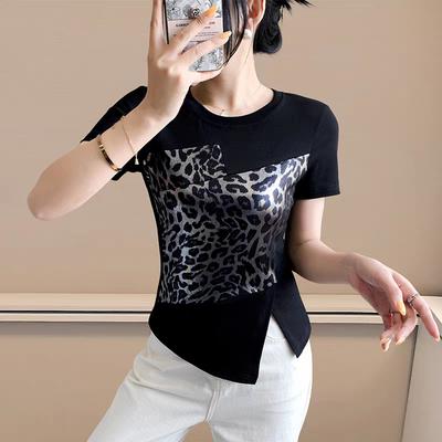 New Women Chic Leopard Print Patchwork Summer T-shirt Elegant O-neck Short Sleeve Irregular Tops Casual Ladies Slim Cotton Tees