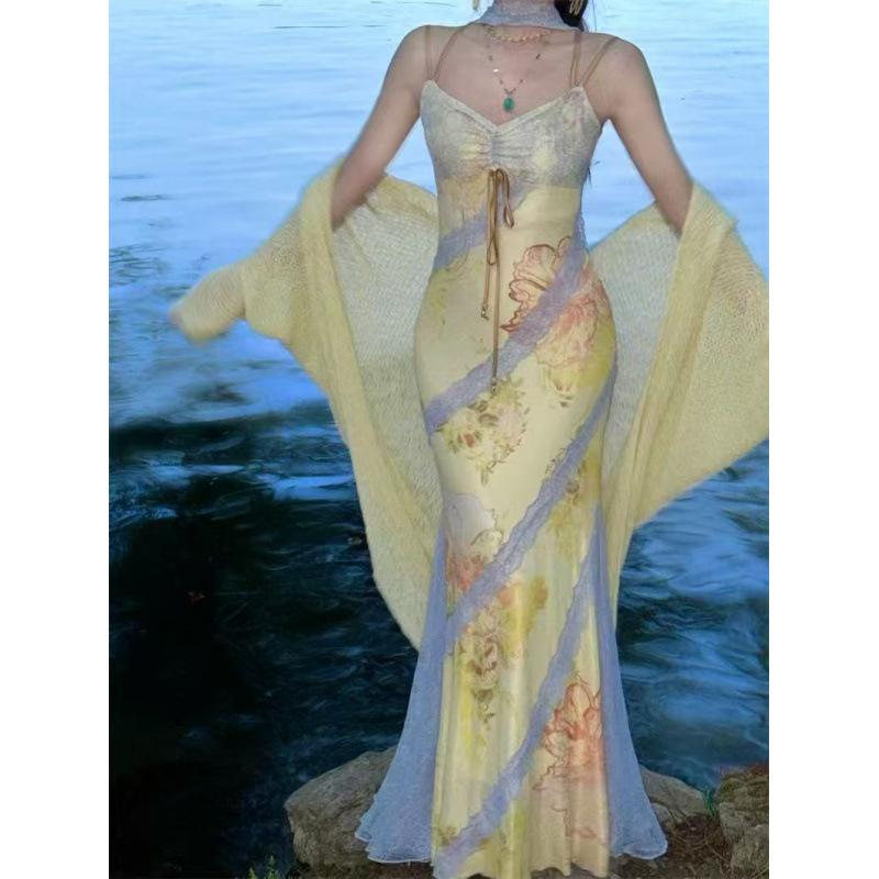 French Romantic Vacation Printed Suspender Dress Women's Neck Super Fairy Lace Splicing Floral Dress
