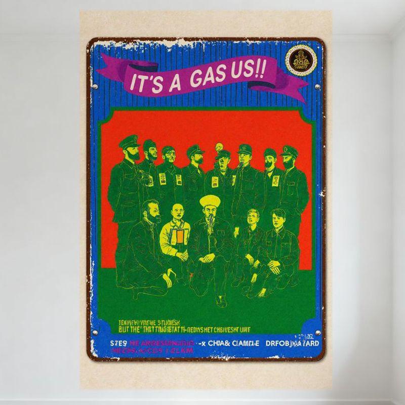 

Vintage It s A Gas Us!! Distressed Metal Tin Sign Retro Style Blue Border Red Green Sections Group Art Wall Decor for Bar Pub 20x30cm（7.8x11.8inch）