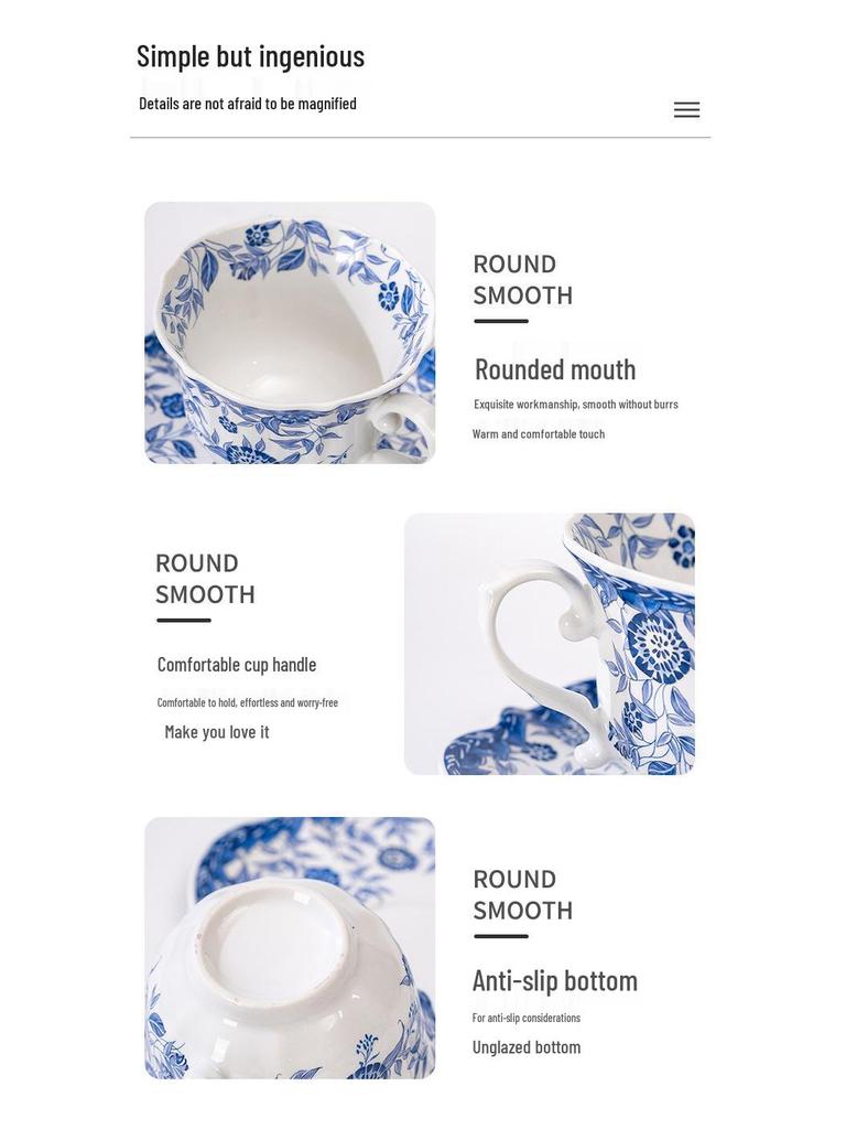 Squisito Set di Tazza da Caffè e Sottotazza in Ceramica Blu e Bianca Retrò