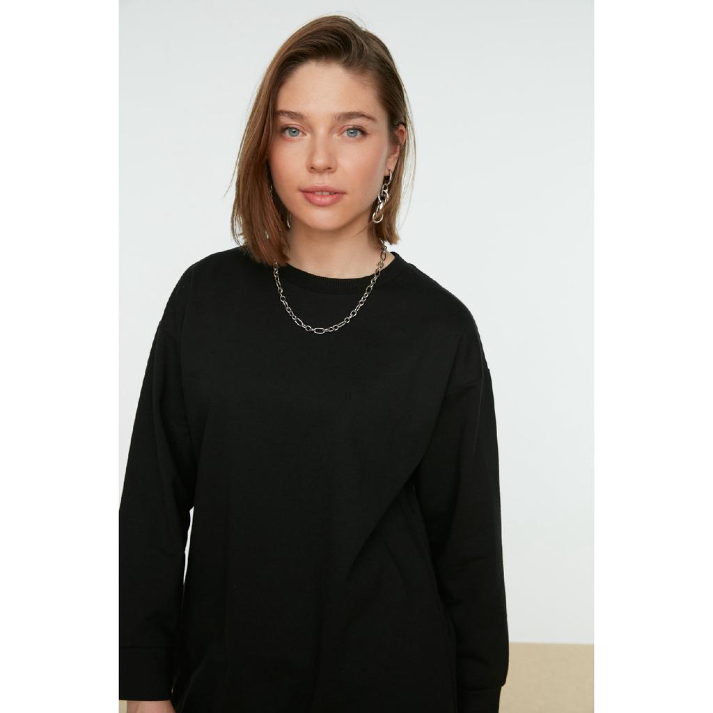 Orangefarbenes Basic-Strick-Sweatshirt mit Schlitz und Rundhalsausschnitt, Tctaw22tw0138