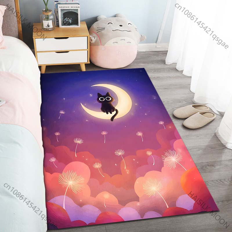 New Product Black Cat On Crescent Moon Carpet for Living Room Bedroom Bedside Floor Mat Cloakroom Children Play Mat Area Rug