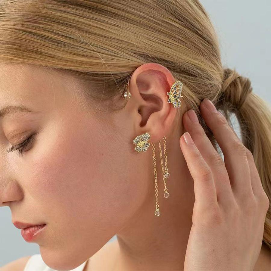 Серьга-кафф с кристаллами, бабочкой, цветком и кисточкой для женщин Douyin Silver Left Ear