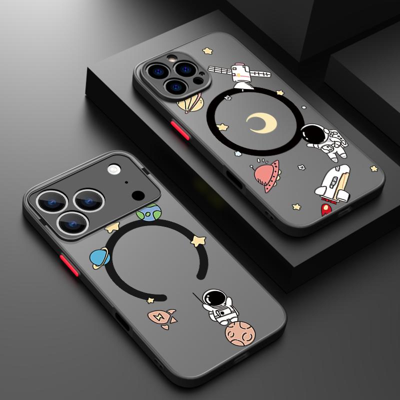 Magnetic Cute Astronaut Pattern Phone Case For iPhone 17 15 16 Pro Max 14 13 Pro 17 For Magsafe Wireless Charge Soft Edge Cover