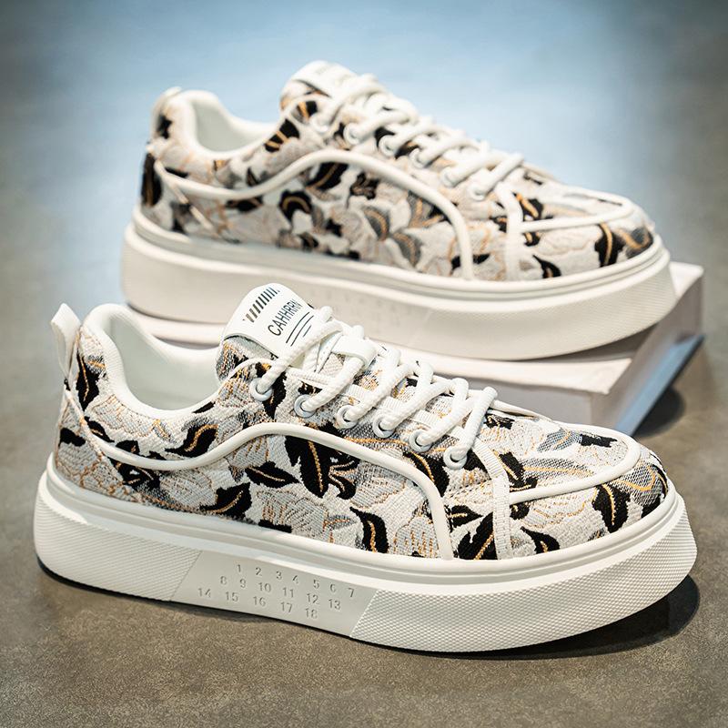 Spring Shoes for Men Canvas Casual Platform Shoes Trend Flowers Print Flat Skateboard Shoes Youth Lace-up Sneaker