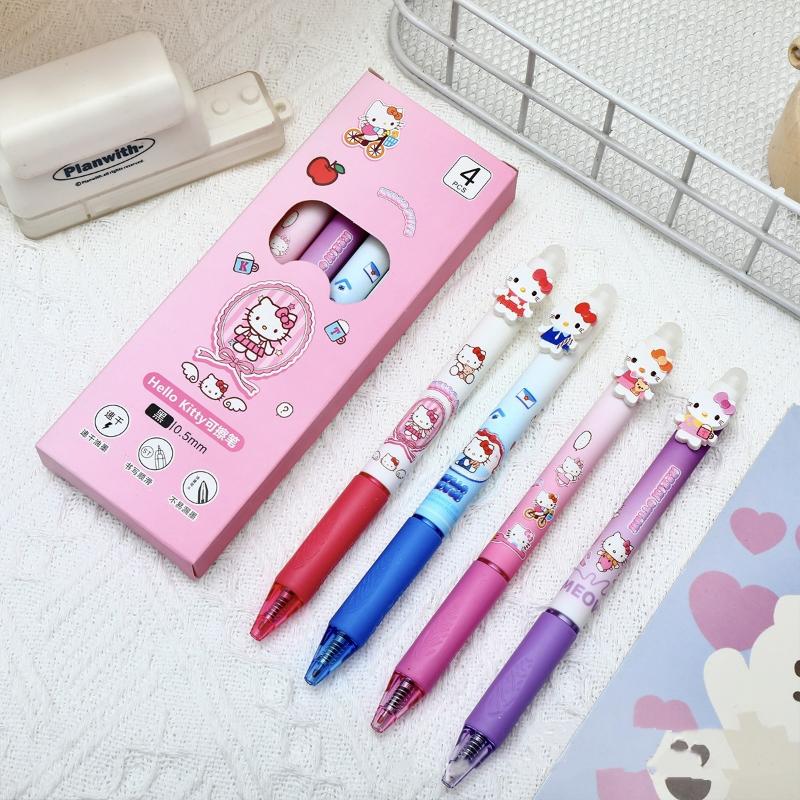 4Pcs Cute Cartoon Hello Kitty Erasable Pen Kawaii Quick Drying Neutral Pen Student Stationery Neutral Pen Writing Supplies