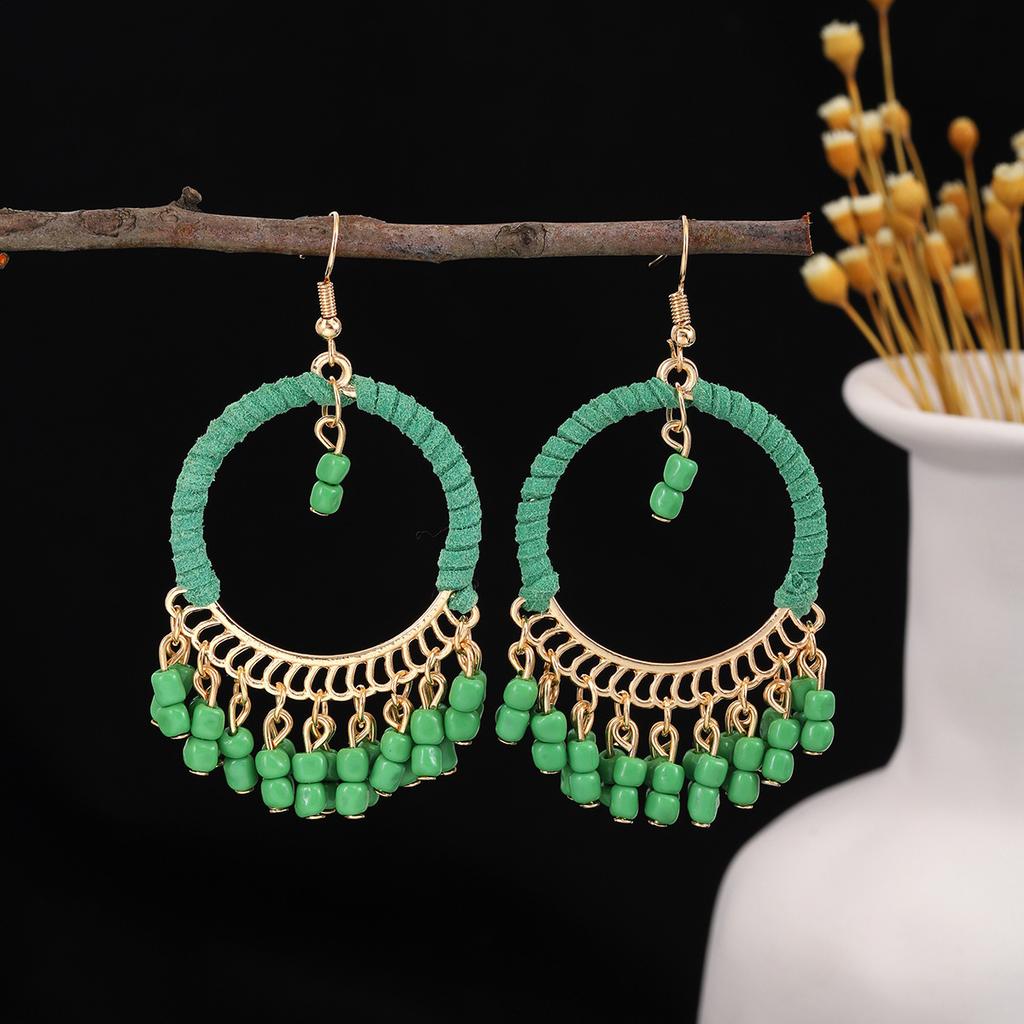 Ethnic Bohemian Geometric Round Earrings, Retro Hand-Woven Small Rice Bead Fringed Earrings